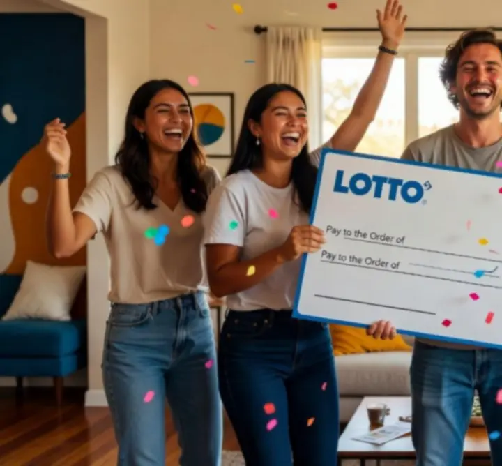 Smiling lottery winner celebrating with a ticket